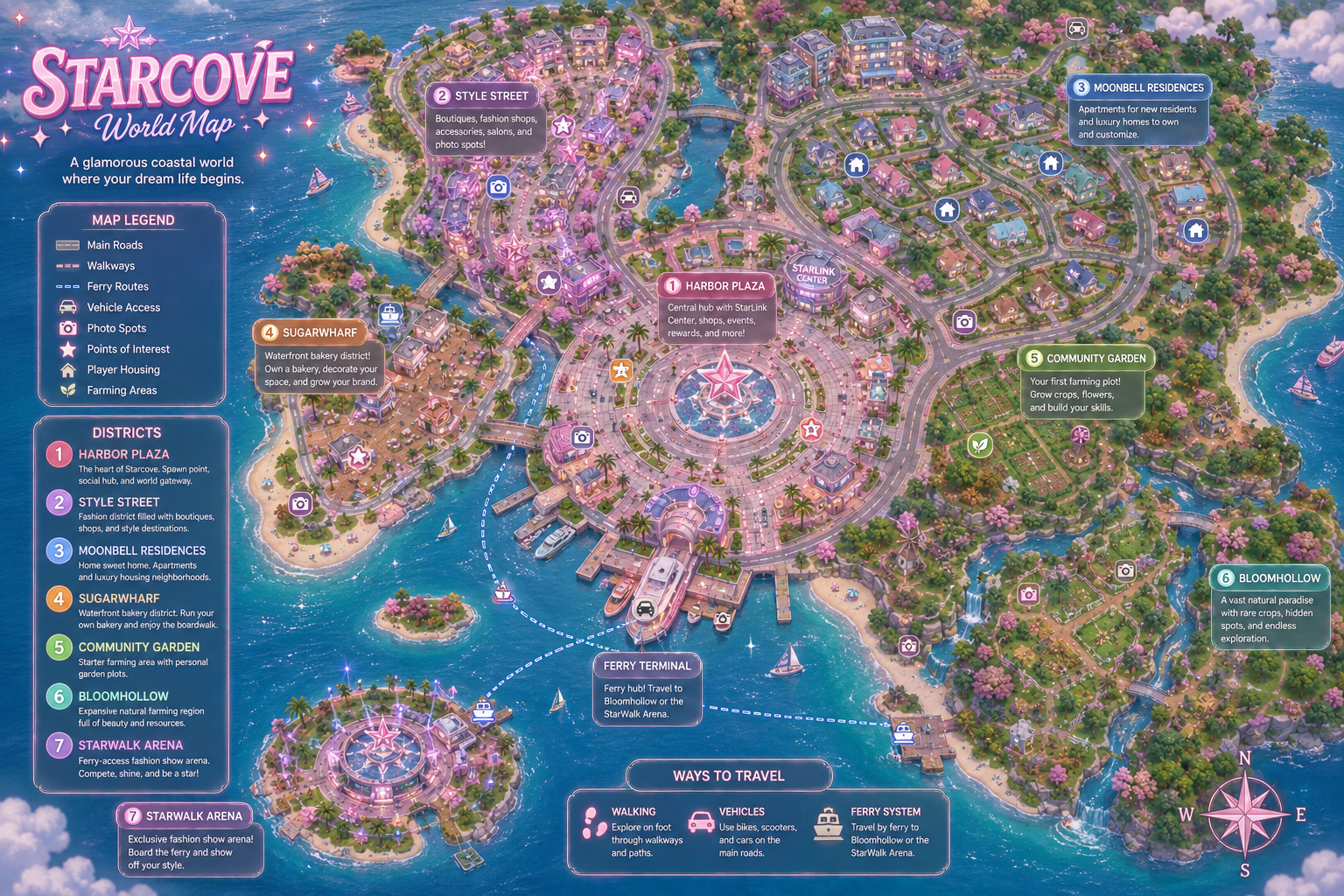 StarCove world map showing Harbor Plaza, Style Street, Moonbell Residences, Sugarwharf, Community Garden, Bloomhollow, and Starwalk Arena